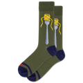Green socks with a design of a fork and noodles on a white background
