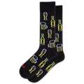 Black socks with beer bottle and mug patterns on a white background