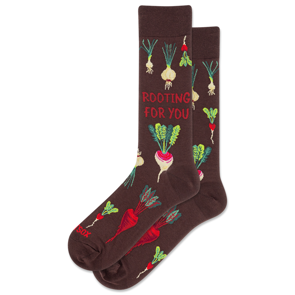 Brown socks with vegetable patterns and 'Rooting For You' text on a white background