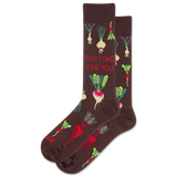 Brown socks with vegetable patterns and 'Rooting For You' text on a white background
