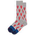 Gray socks with red lobster pattern on a white background