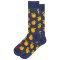Navy socks with orange pattern on a white background