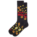 Black socks with snack-themed designs and text on a white background