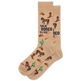 Beige socks with cowboy-themed designs and text on a white background thumbnail