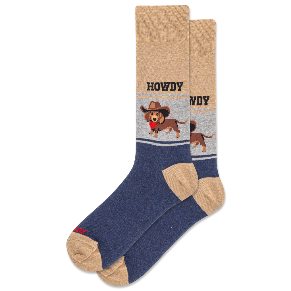 Blue sock with a dachshund graphic and 'HOWDY' text on a white background
