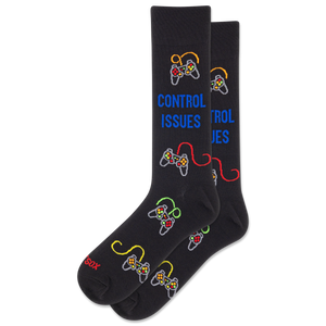 Black socks with gaming controller designs and text on a white background