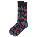 Black socks with red and gray bicycle pattern on a white background