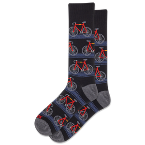 Black socks with red and gray bicycle pattern on a white background