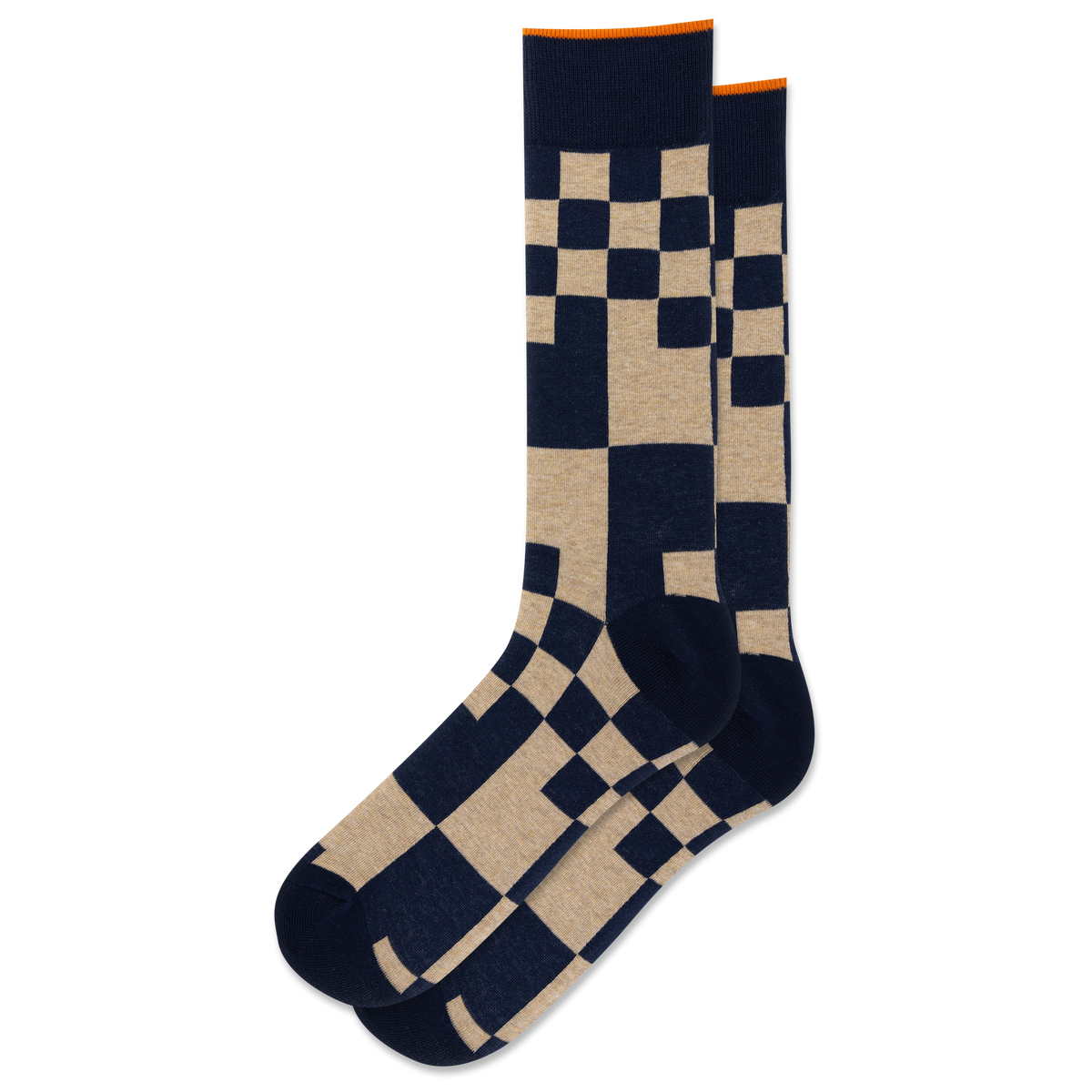 Pair of checkered socks with navy and beige pattern on a white background