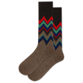 Brown socks with colorful zigzag pattern on a white background