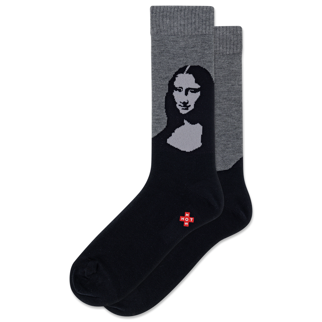Black and gray socks with Mona Lisa design on a white background