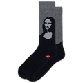 Black and gray socks with Mona Lisa design on a white background