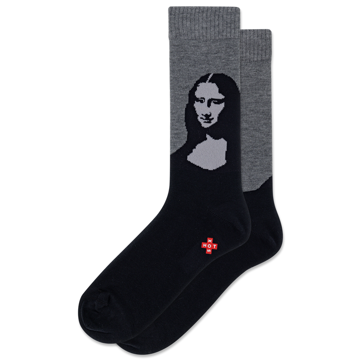 Black and gray socks with Mona Lisa design on a white background