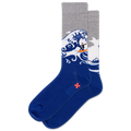 Blue sock with wave and character design on a white background