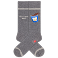 Gray socks with a design of a cup and text on a white background