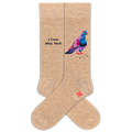 Beige socks with a colorful pigeon and 'I Love New York' text on a white background