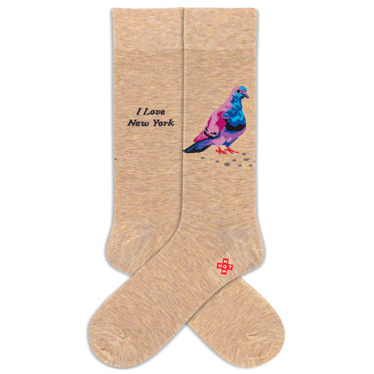 Beige socks with a colorful pigeon and 'I Love New York' text on a white background
