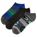 Three pairs of socks in blue, black, and gray with geometric patterns on a white background.