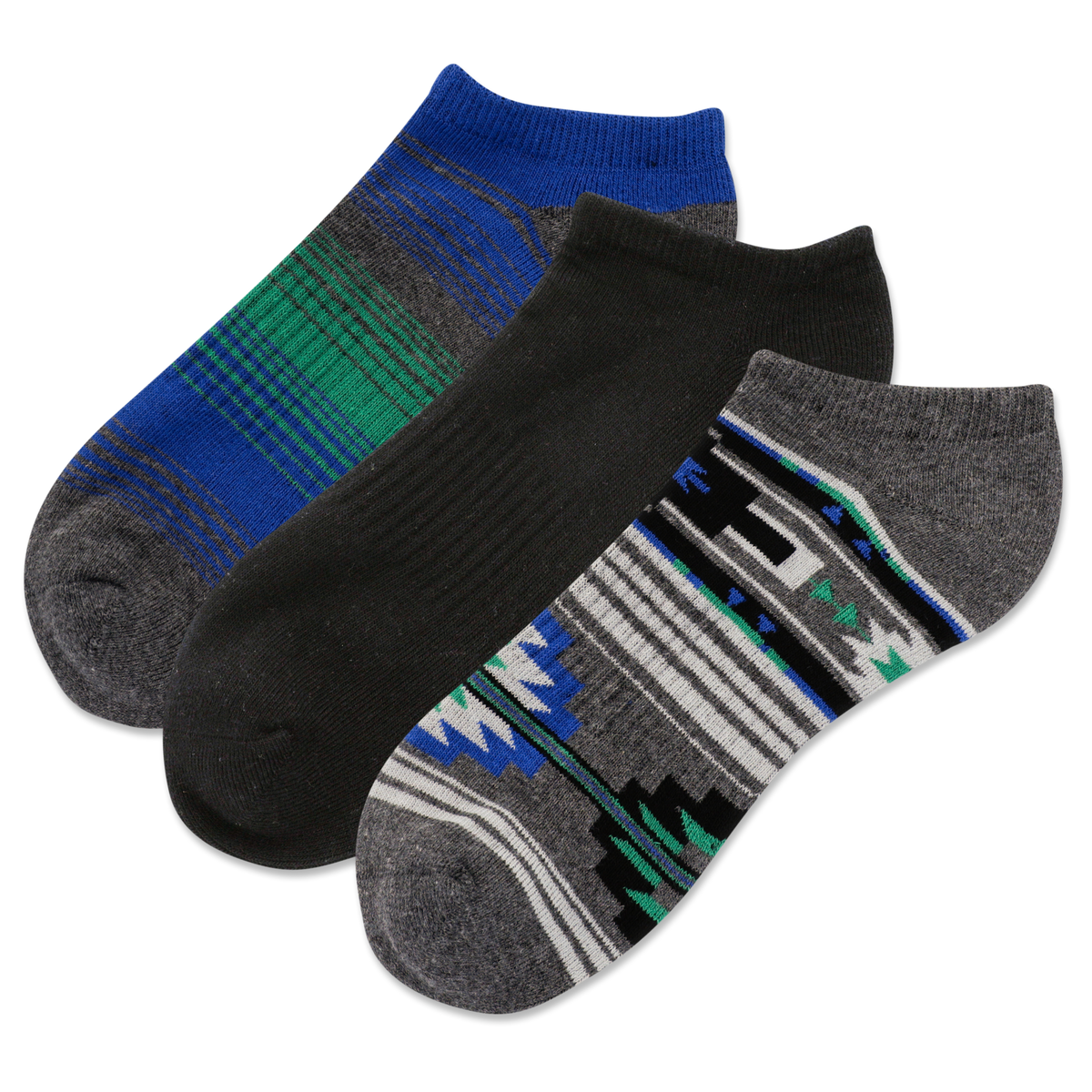 Three pairs of socks in blue, black, and gray with geometric patterns on a white background.