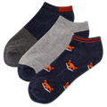 Three pairs of socks with fox patterns on a white background