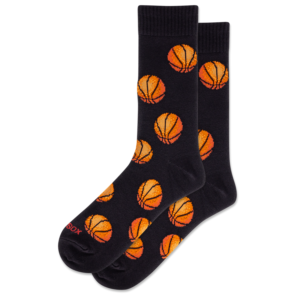 Black socks with orange basketball patterns on a white background
