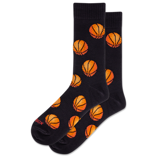 Black socks with orange basketball patterns on a white background