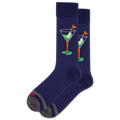 Navy socks with martini glass and golf ball design on a white background