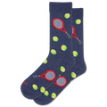 Navy socks with tennis racket and ball designs on a white background