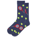 Navy socks with tennis racket and ball designs on a white background