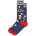 Blue socks with red accents and baseball-themed graphics on a white background