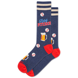 Blue socks with red accents and baseball-themed graphics on a white background thumbnail