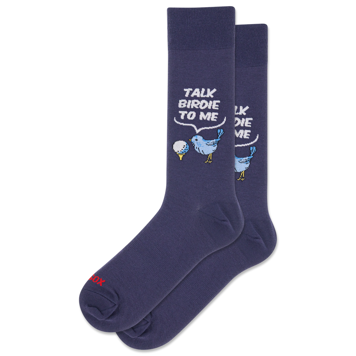 Navy blue socks with bird design and 'Talk Birdie to Me' text on a white background
