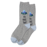 Gray socks with mountain and tree design and text 'I'd Hike That' on a white background