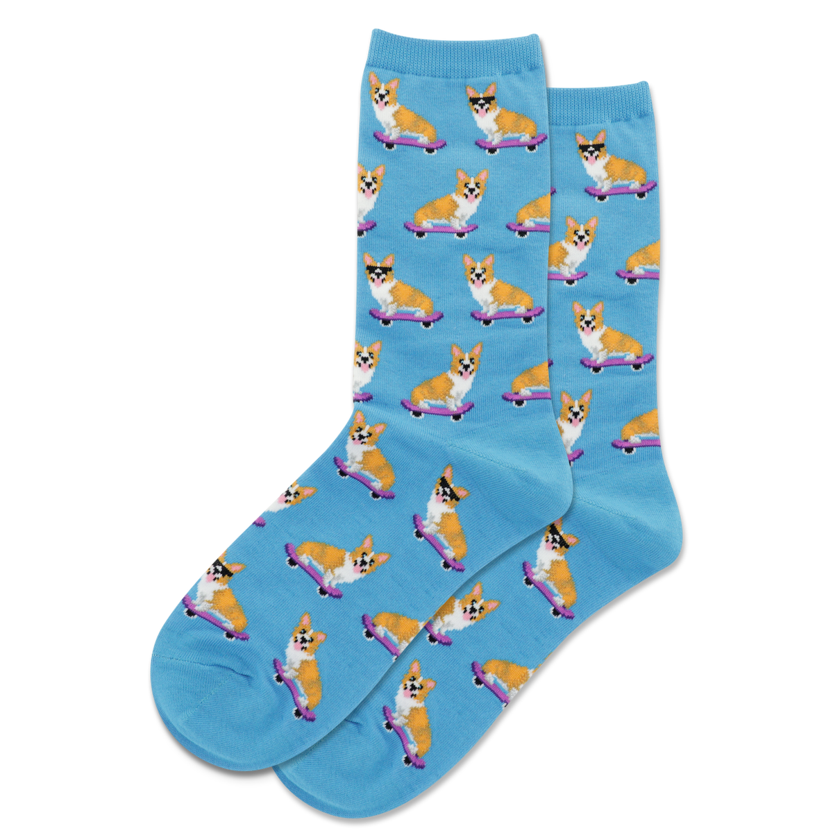 Blue socks with corgi dogs on skateboards pattern on a white background