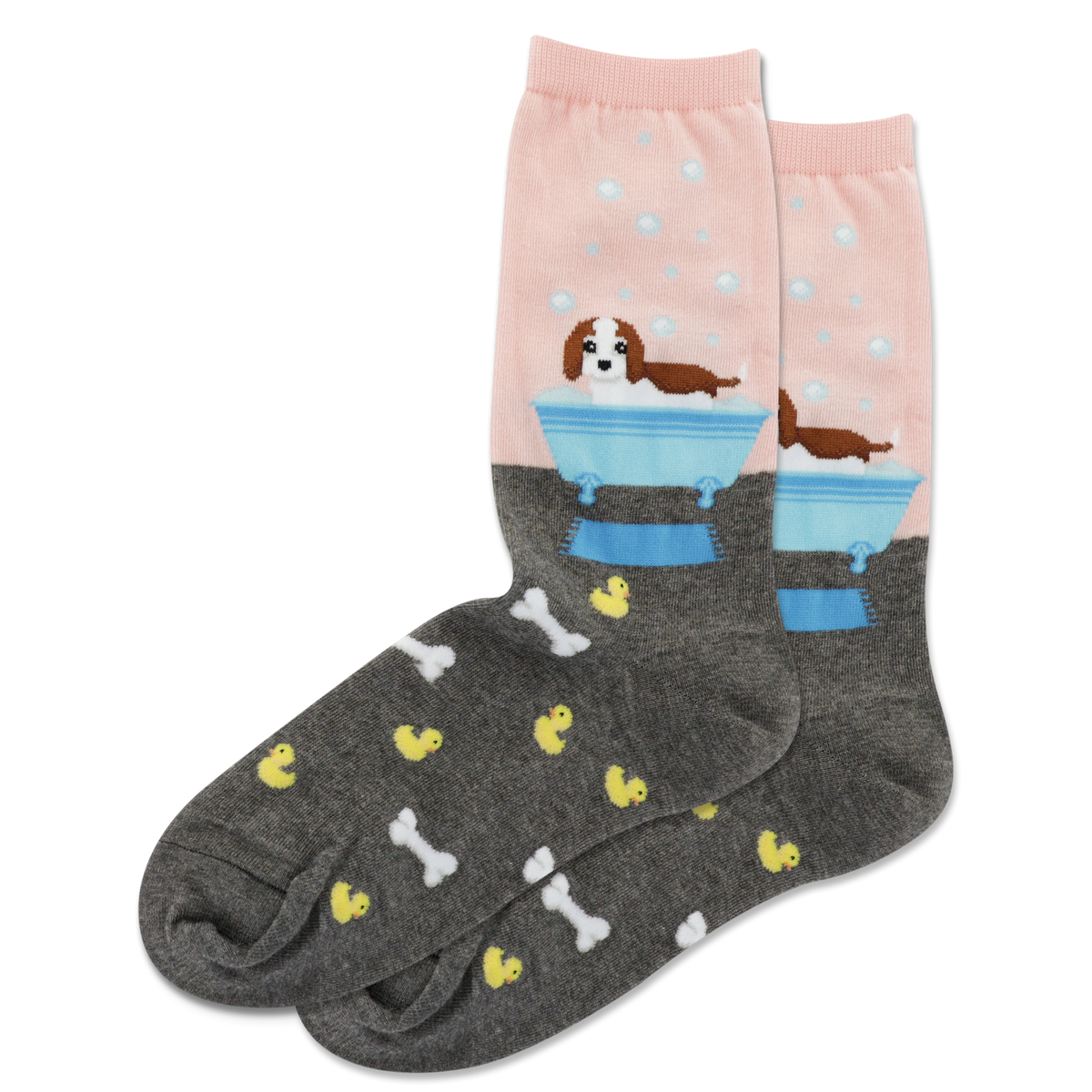 A pair of women's crew socks with dog-themed designs on a white background