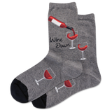 Gray socks with wine-themed design on a white background
