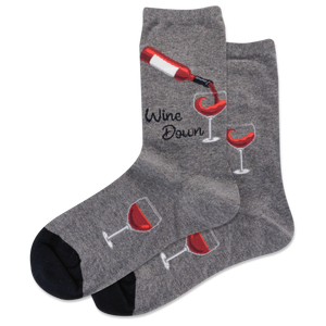 Gray socks with wine-themed design on a white background