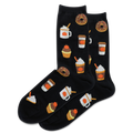 Black socks with colorful coffee and dessert designs on a white background