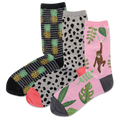Three pairs of socks with pineapple, leopard print, and monkey designs on a white background