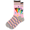 Pink socks with rainbow stripes and 'PRIDE' text on a white background