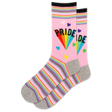 Pink socks with rainbow stripes and 'PRIDE' text on a white background thumbnail