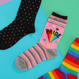 Colorful socks with rainbow patterns and 'PRIDE' text on a multicolored background thumbnail