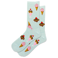 Light blue socks with ice cream cone and sundae designs on a white background