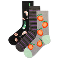 Set of three socks with different peach, mimosa and champagne designs on a white background