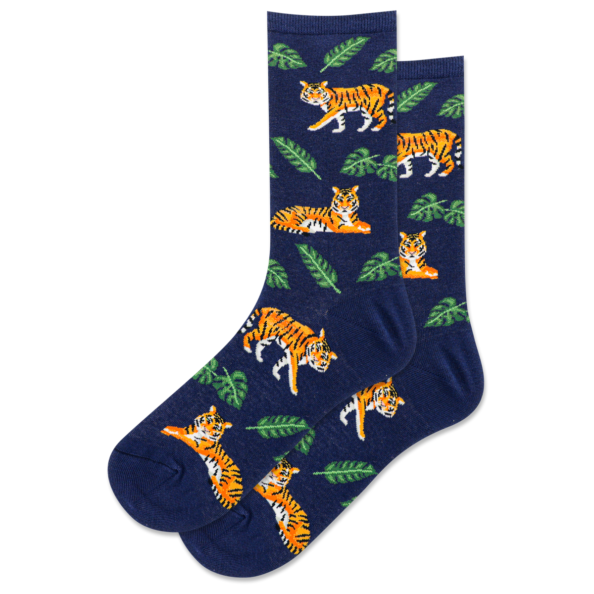 Navy blue socks with orange tiger and green leaf pattern on a white background