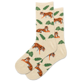 Beige socks with tiger and leaf pattern on a white background