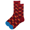 Red socks with orange and black floral pattern on a white background