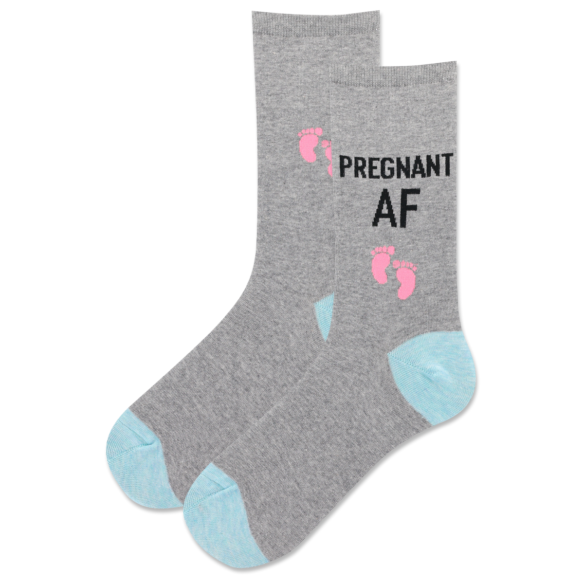 Gray sock with 'Pregnant AF' text and footprints on a white background