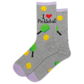 Gray socks with pickleball designs and text 'I ❤️ Pickleball' on a white background