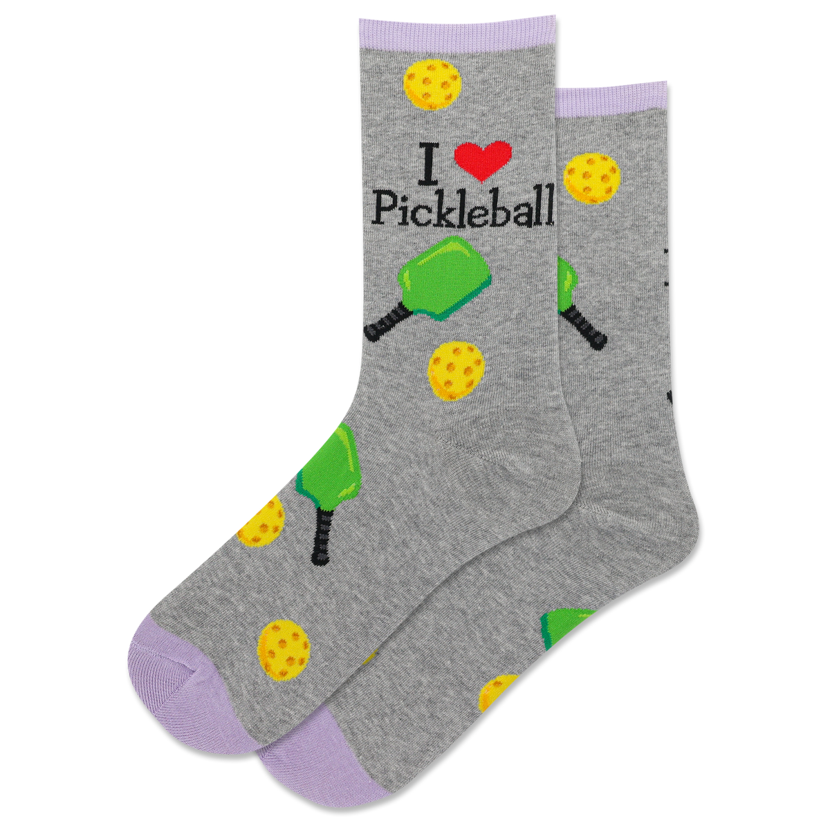 Gray socks with pickleball designs and text 'I ❤️ Pickleball' on a white background